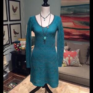 Nick & Mo Teal Knit Long Sleeve Sweater V Neck Dress